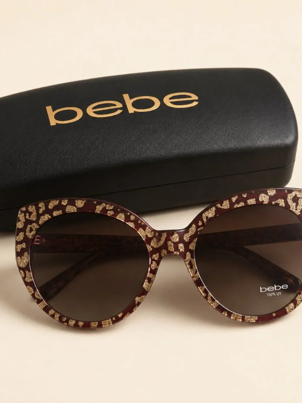 Bebe BB7231 Burgundy Animal Gold Glitter Cat-Eye Sunglasses 55-19-135